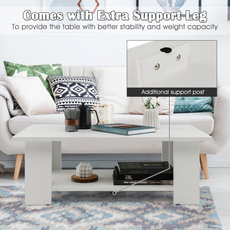 Large 36-inch modern coffee table with extra support leg, featuring a water-resistant surface and open storage shelves.